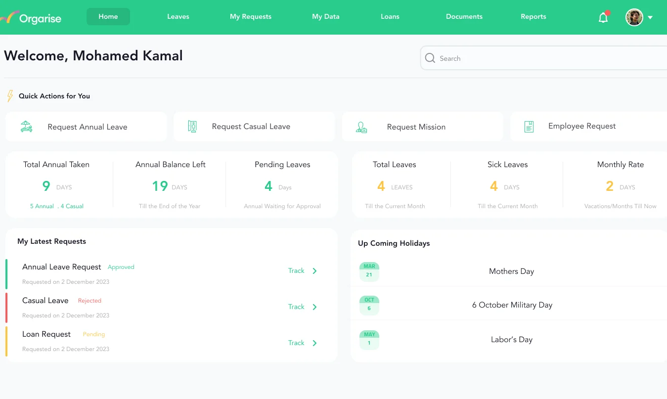 ORGARISE employee self-service portal showing leave balances, requests and quick actions